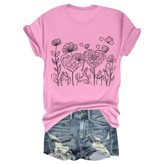 NAMTYQX Cute Tops for Teen Girls Lightweight Short Sleeve Baggy Scoop Neck Graphic Muster Classic Oversized Cool Hawaiian Shirts for Women Pink Size L