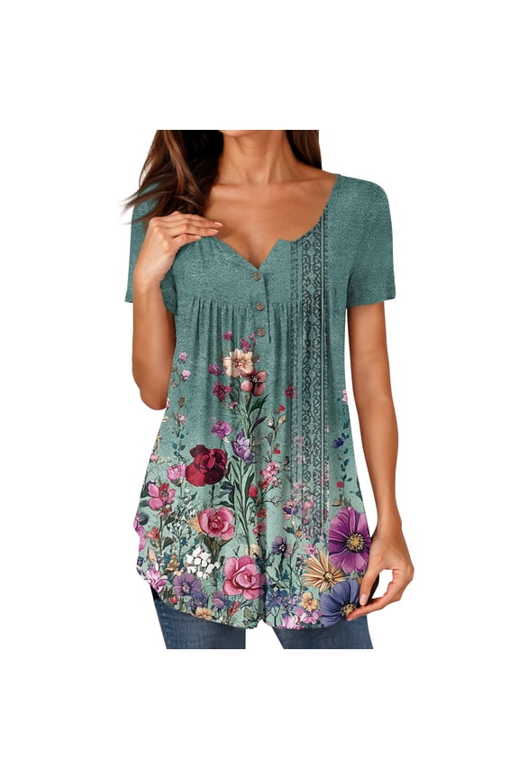 Plus Size Blouses for Women Plus Size Pleated Loose Fit Pattern Fashion Button V Neck Short Sleeve Casual Army Green Size 3XL