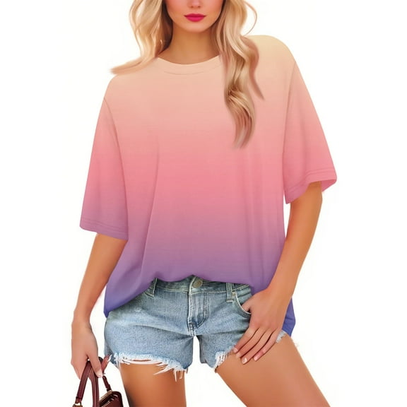 NAMTYQX Shirts for Women Plus Size Cute Loose Casual Lightweight Trending Round Neck Graphic Short Sleeve Red Size L