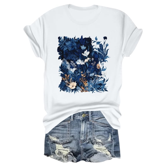 NAMTYQX Short Sleeve Shirts for Women Loose Fit Soft Lightweight Short Sleeve Trendy Round Neck Muster Graphic Plus Size Womens Summer Tops White Size S