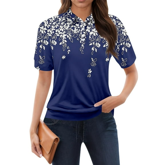 NAMTYQX Short Sleeve Shirts for Women Soft Casual Short Sleeve Lapel Lounge Womens Golf Polo Shirts Dark Blue Size M