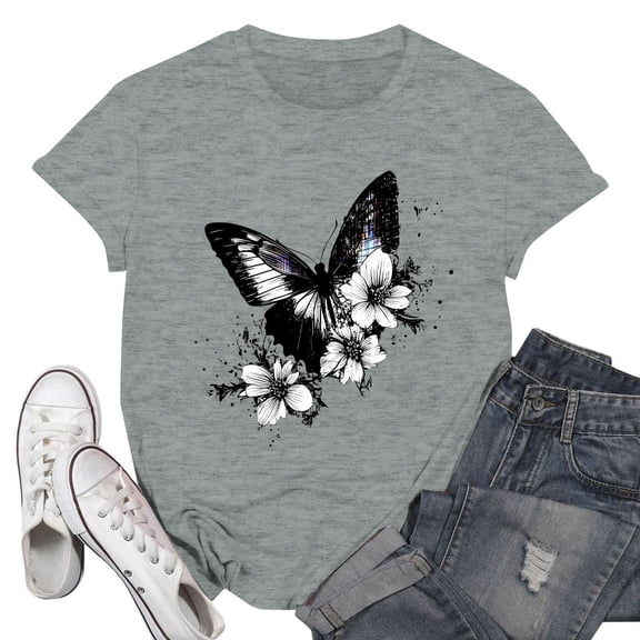 NAMTYQX Spring Tops for Women 2025 Loose Print Crewneck Cool Graphic Short Sleeve Stretchy Fashion Oversized Tshirts Shirts for Women Graphic Light Gray Size XL