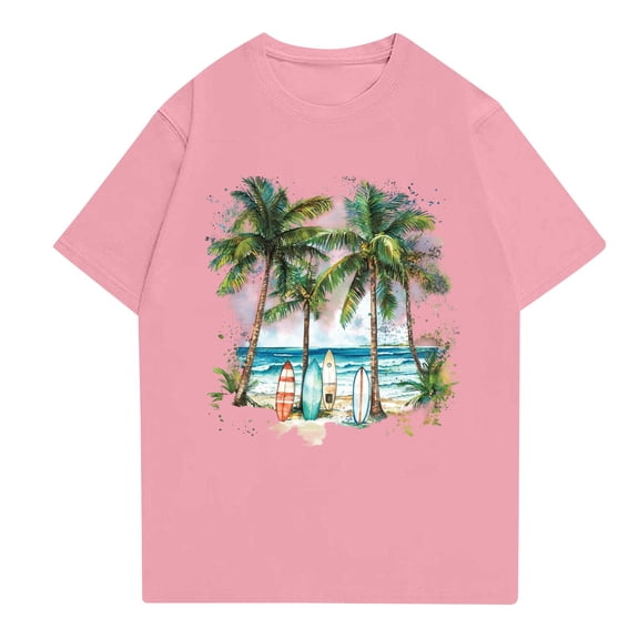 NAMTYQX Spring Tops for Women 2025 Stretch Loose Fit Short Sleeve Basic Plus Size Hawaii Tropical Graphic Casual Crew Neck Pink Size 5XL