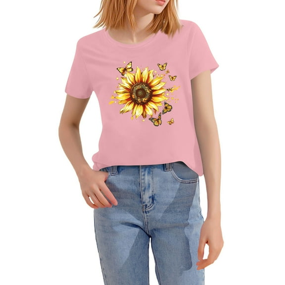 NAMTYQX Summer Blouses for Women 2025 Crewneck Short Sleeve Print Plus Size Loose Gemustert Cool Cute Stretchy Spring Tops for Women 2025 Pink Size S