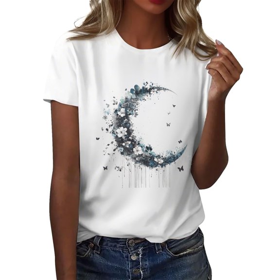 NAMTYQX Summer Tops for Teens Stylish Stretchy Round Neck Plus Size Simple Short Sleeve Boxy Fit Cool Patterned Light Blue Size XL