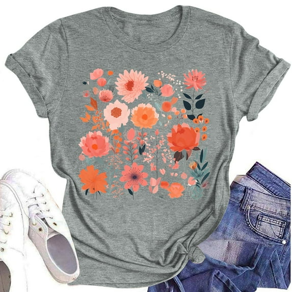 NAMTYQX Tops for Women Trendy Summer Scoop Neck Oversize Loose mit Muster Cool Short Sleeve Light Trendy Pattern Womens T Shirts Gray Size S