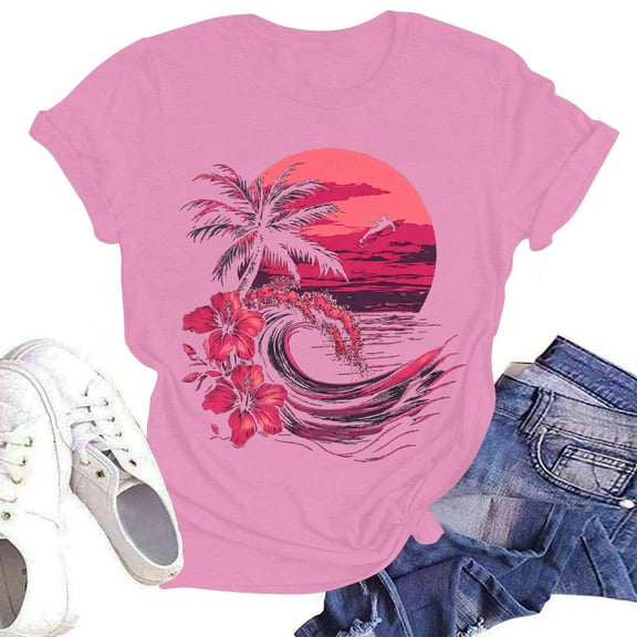 NAMTYQX Tshirts Shirts for Women Hip Short Sleeve Graphic Plus Size Round Neck Lightweight Loose Cool Print Plus Size Tops for Women Pink Size S