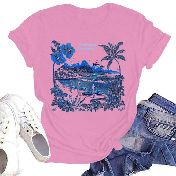 NAMTYQX Womens Graphic T Shirts Crewneck Print Oversized Relaxed Fit Stretchy Short Sleeve Patterned Cool Casual Blouses for Women Casual Pink Size XL