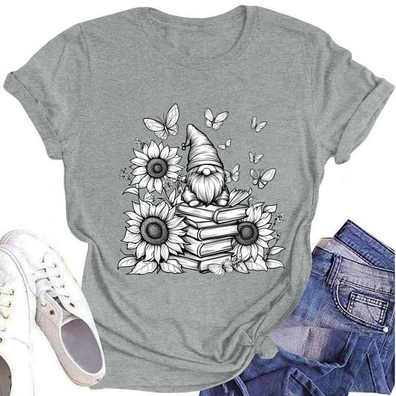 NAMTYQX Womens Short Sleeve Tops Mit Print Light Lounge Plus Size Print Crewneck Soft Short Sleeve Loose Fit Summer Tops for Women 2025 Gray Size 2XL