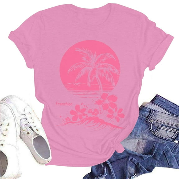 NAMTYQX Womens Tshirts Cotton Loose Fit Crewneck Baggys Hawaiian Graphic Short Sleeve Soft Bedruckte Plus Size Light Summer Blouses for Women 2025 Pink Size 2XL