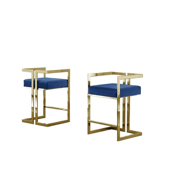 Best Quality Furniture 24" Uph Accent Counter Chairs, Navy Blue Velvet, Chrome Gold - Set of 2