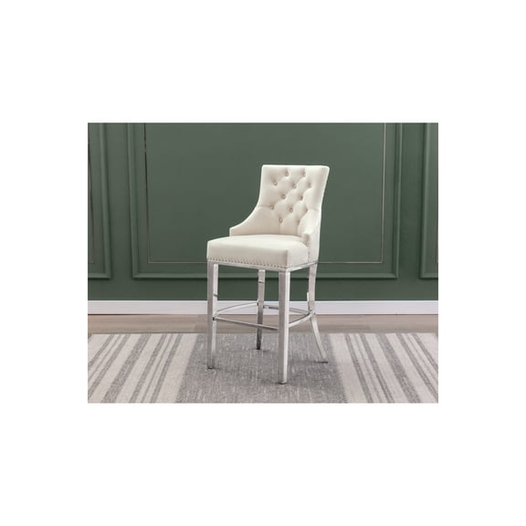 Best Quality Furniture 29" Upholstered Velvet Bar Stool in Cream (Set of 2)