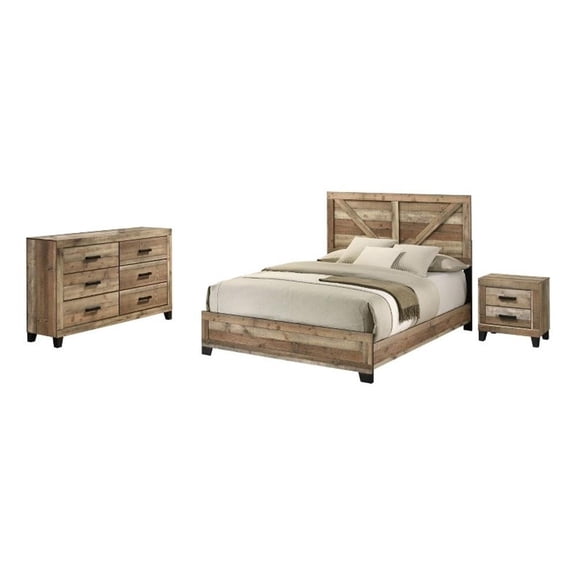 Best Quality Furniture 3 Piece Weathered Brown Pine Wood Bedroom Set in Queen
