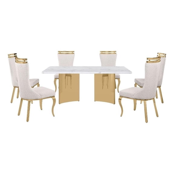 Best Quality Furniture 7 Piece White Marble Dining Set with Stainless Steel Base
