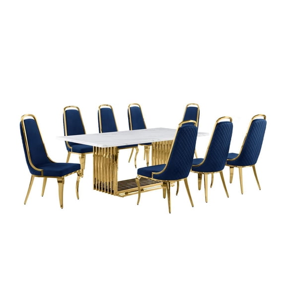 Best Quality Furniture 9-Piece Velvet & Marble Dining Set in Blue/White/Gold
