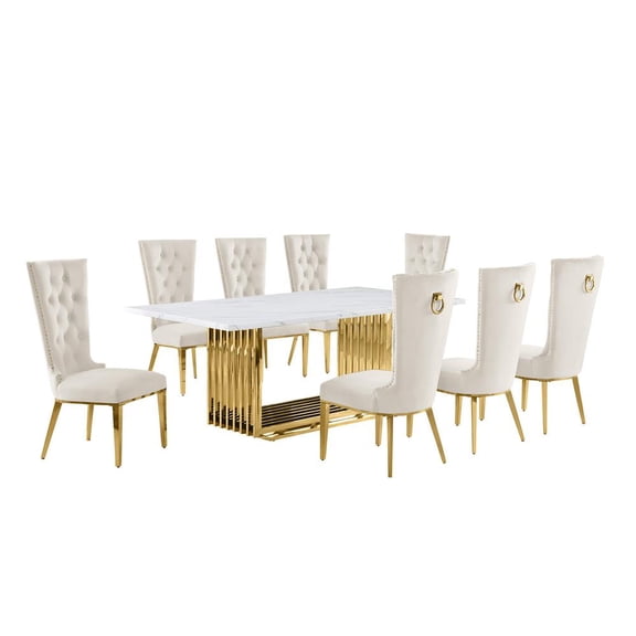 Best Quality Furniture 9-Piece Velvet & Marble Dining Set in Cream/Gold/White