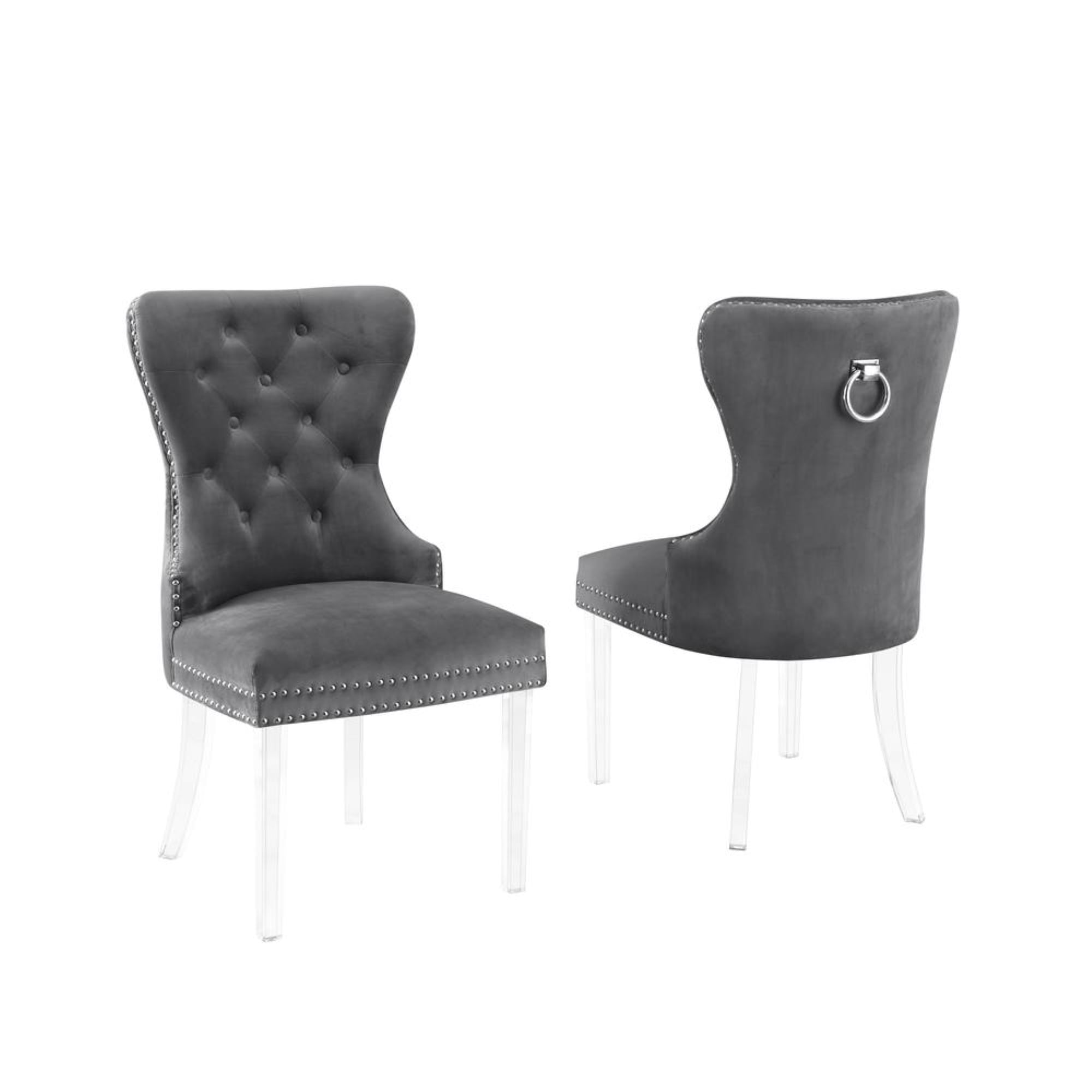 Dark Gray Velvet Tufted Side Chairs with Acrylic Legs, Set of 2