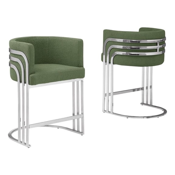 Best Quality Furniture Set of 2 Green Teddy Fabric Barstools with Chrome