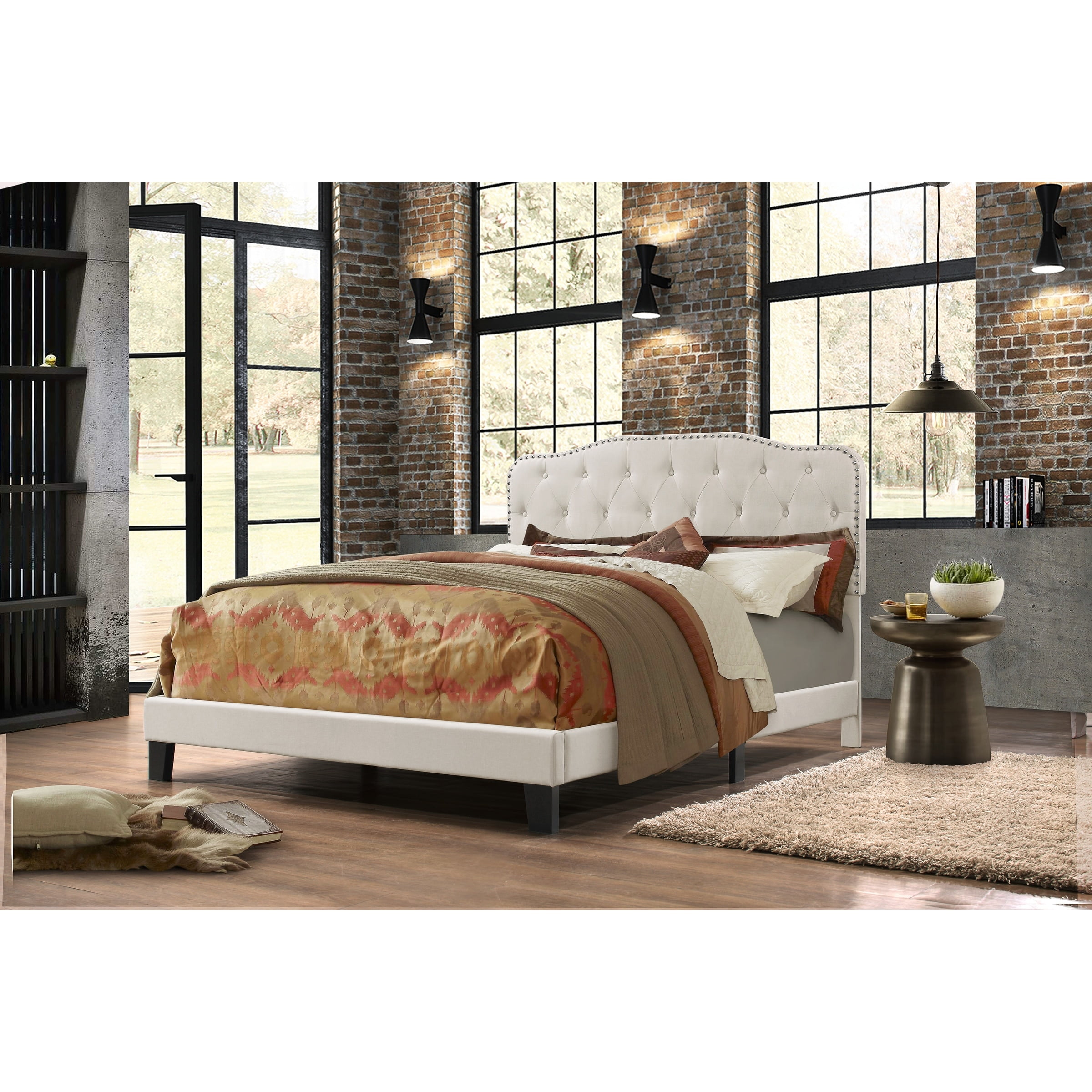Best Quality Furniture Upholstered Button Tufted Panel Bed Fog/Beige