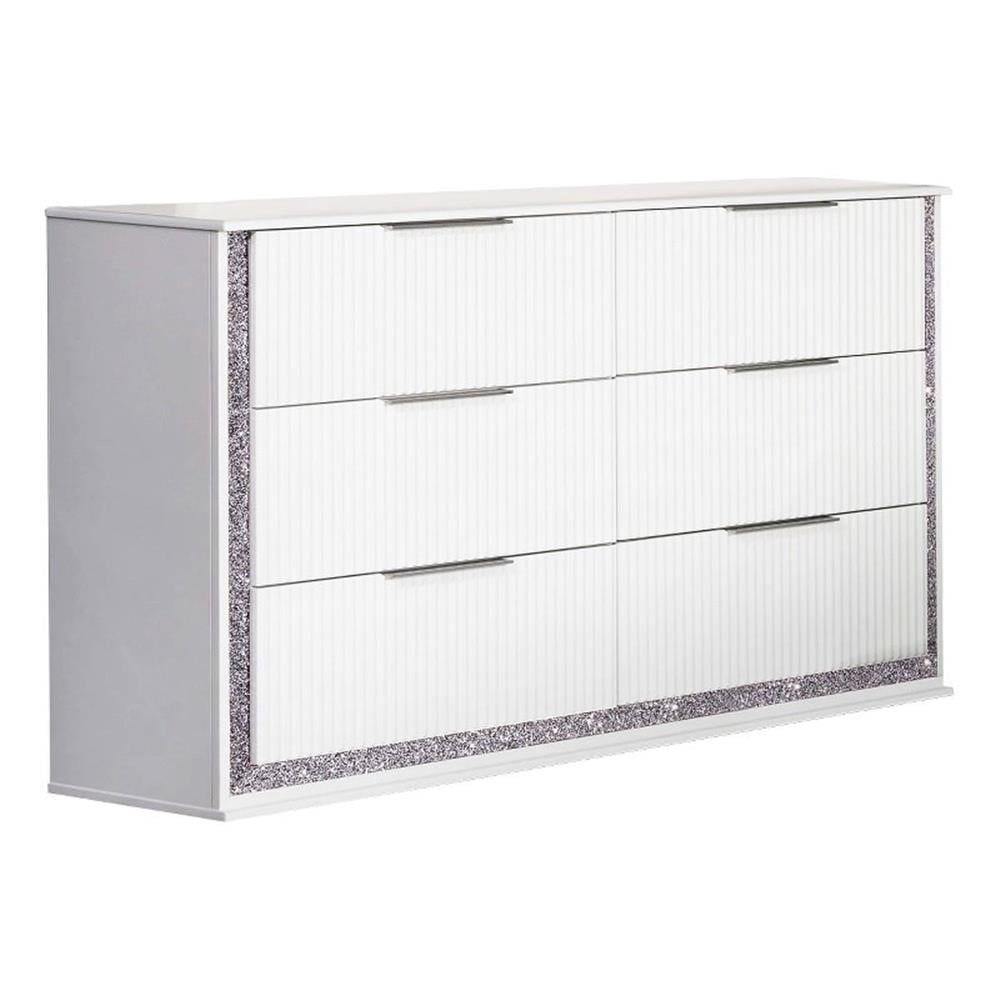 Best Quality Furniture White Wood Glam 6 Drawer Dresser with Glitter Trim