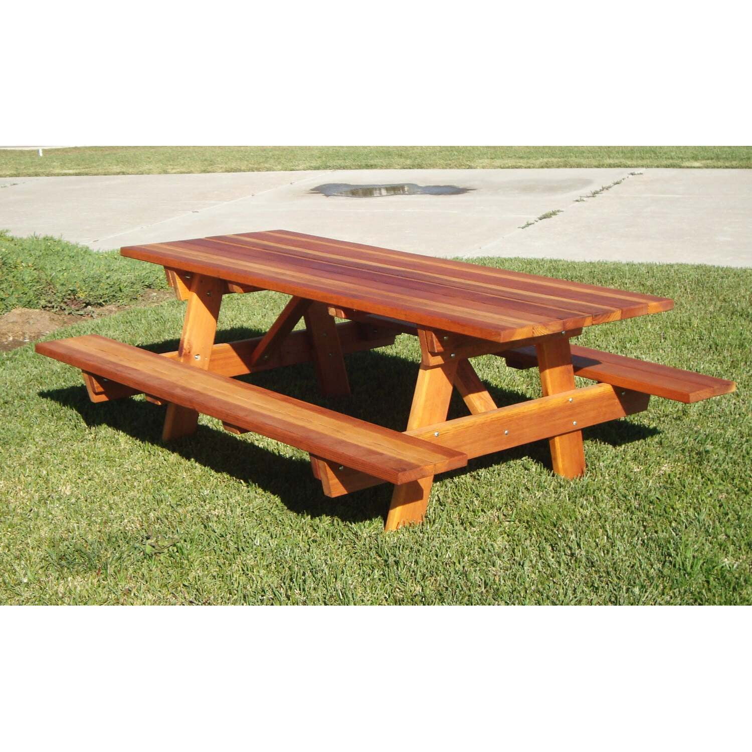 96" Medium Brown Redwood Picnic Table with Attached Benches