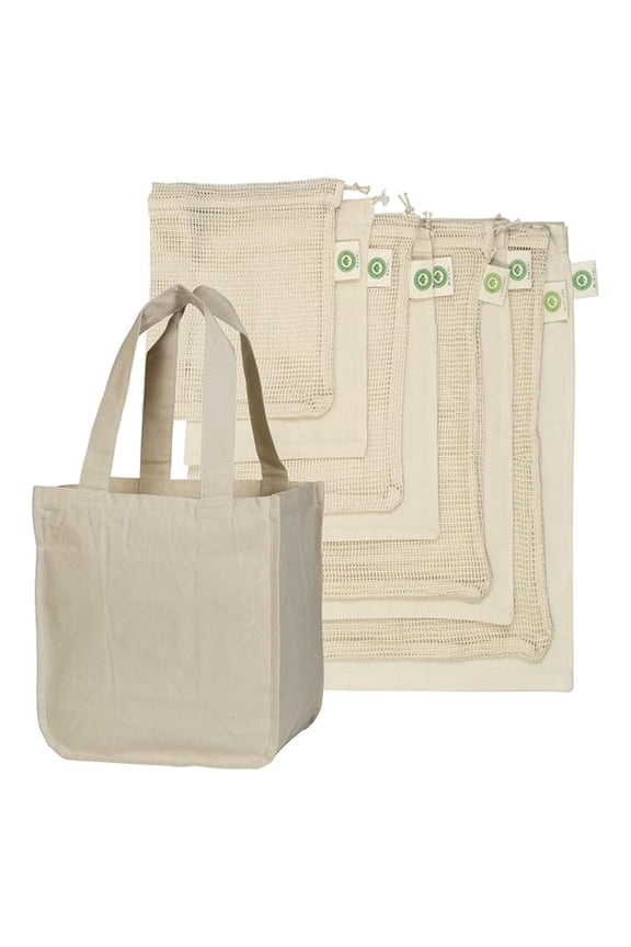 Best Reusable Grocery Bags Set - 9 Piece Cotton Reusable Grocery Shopping Bags Includes 4 Muslin Fabric Bags, 4 Cotton Mesh Bags and 1 Cotton Tote Bag - Bundle Best Eco-friendly Grocery Bags Set