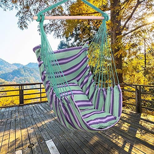 Best Rope Hammock Chair Swing Seat, Comfortable Cotton Canvas Hanging Chairs, Porch Chair with 2 Soft Pillows for Bedrooms, Any Indoor Or Outdoor Spaces (Green)$$Garden &