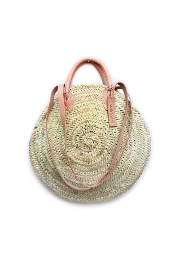 Best Round straw bag French Baskets Tote Handbags 2 leather handle