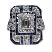 Best Sale! WEANT Antique Art Deco 925 Sterling Silver Sapphire Diamond Ring Blue H20