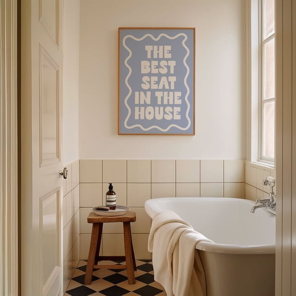 The Best Seat In The House Art Print, Funny Typography Bathroom Pale Blue Restroom Art Print Toilet Decor, Cute Bathroom Art Retro #3057, Unframed Poster Size 12x18