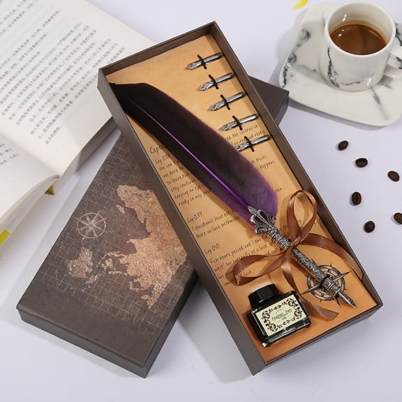 Best-Selling Elegant Brass Pheasant Feather Pen Gift Kit - Includes Glass Inkwell & Ink Cartridges Professional/Collector/Creative Gift