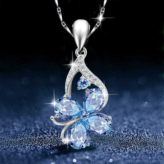Coral Beauty- Best-Selling Fashion Four-Leaf Clover Blue Pendant Necklace - Ocean Blue Diamond Shape, Vintage European and American Style, Elegant Clavicle Chain for Women
