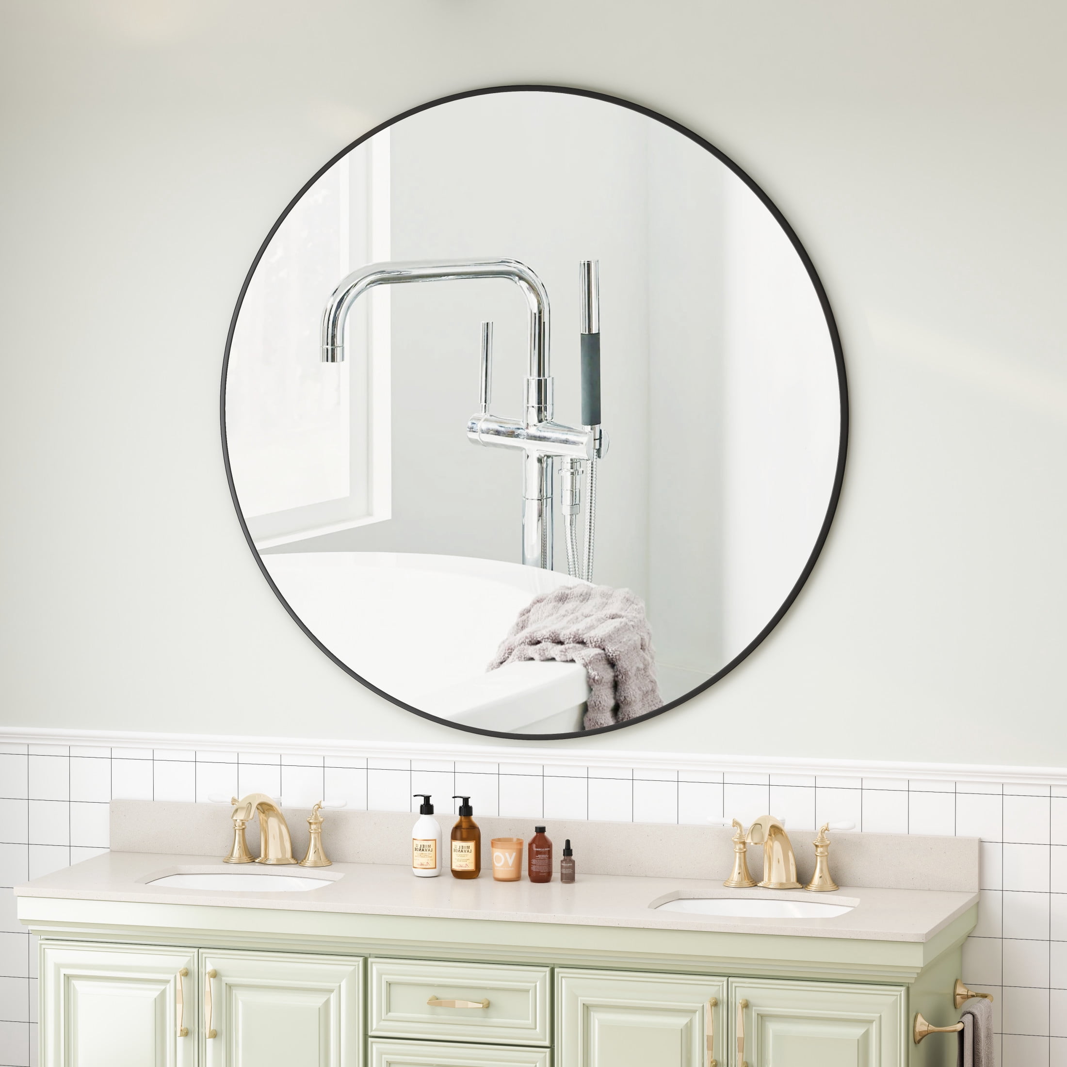 Noble House 42" Circular Wall Mirror, Metal-Framed Moisture-Resistant Vanity Mirror, for Bathroom, Wall Decor, Black