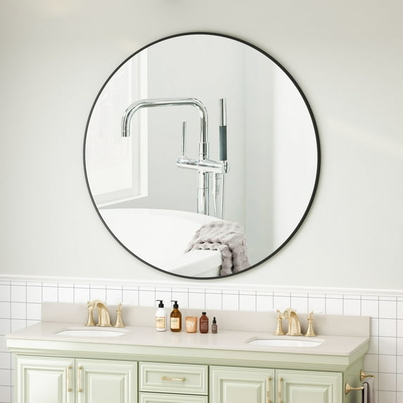 Noble House 42" Circular Wall Mirror, Metal-Framed Moisture-Resistant Vanity Mirror, for Bathroom, Wall Decor, Black