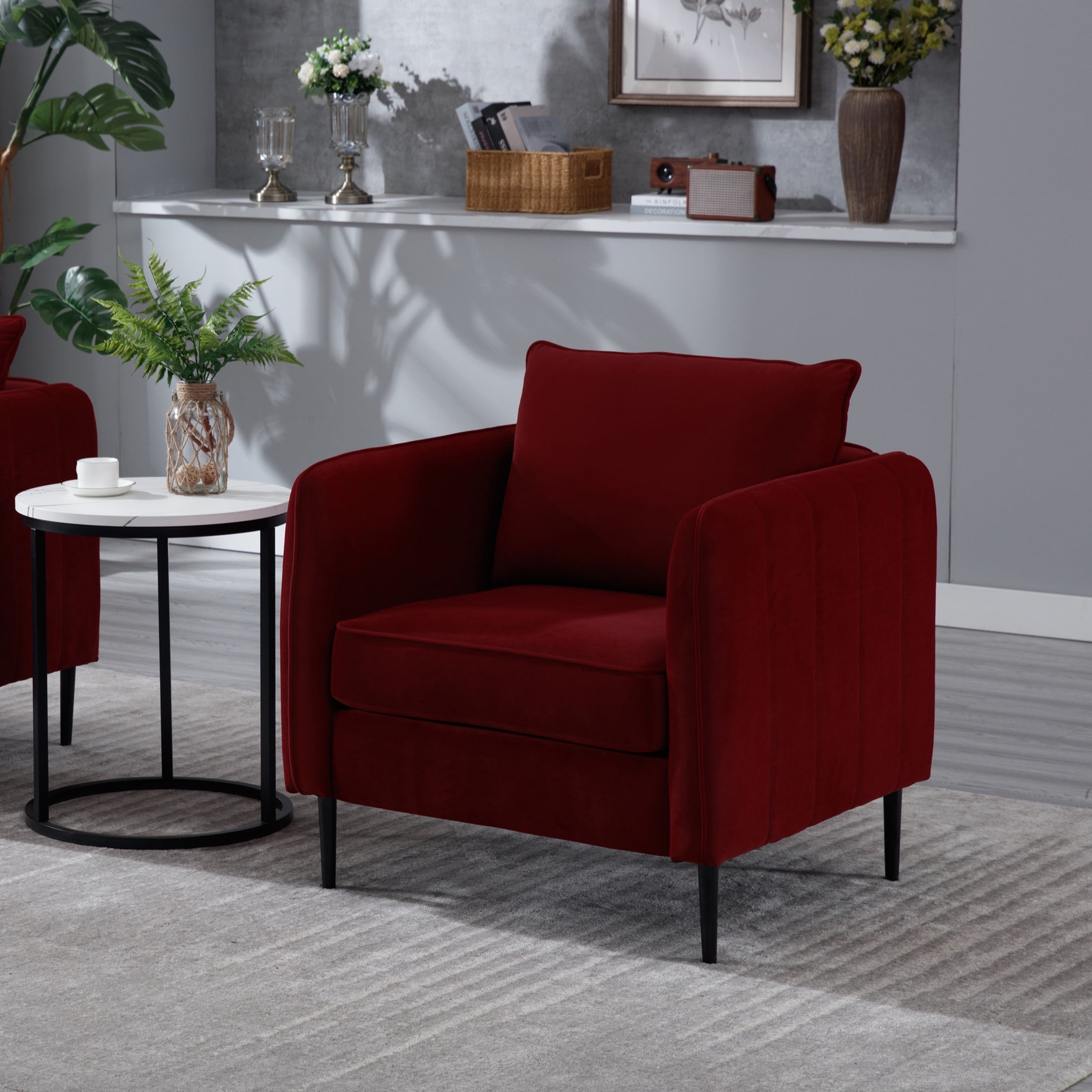 Noble House Mid-Century Modern Velvet Upholstered Accent Chair with Pillow, Metal Legs, Wine Red