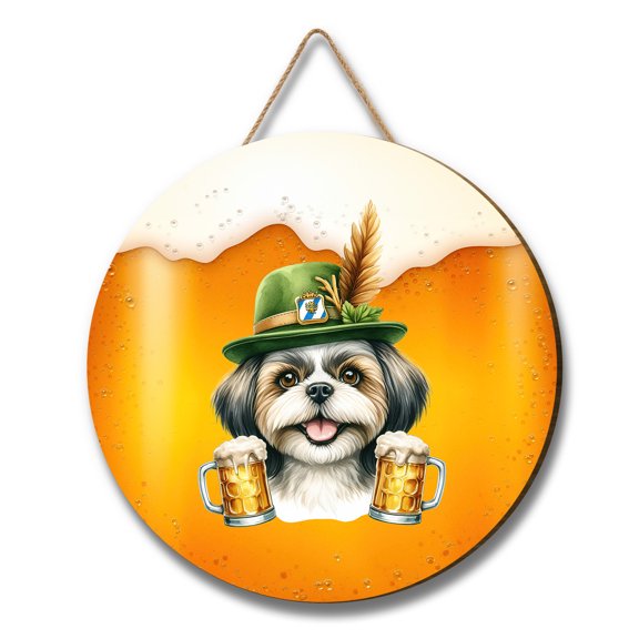 Best Shih Tzu Dad Proud Beer Lover Happy Oktoberfest Round Wood Sign Lion Dog Lover Gifts Hanging Wall Home Decor - 02016