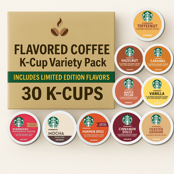 Best of Starbucks Flavored Coffee Pods Variety Pack – 10 Bestselling Flavors, 30 Count K-Cups Sampler for Keurig – Mocha, Vanilla, Hazelnut, Caramel & More