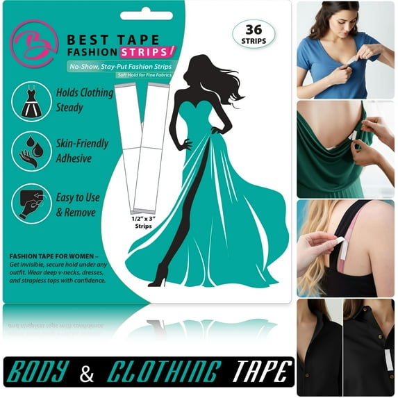 Best Tape Fashion Strips – Soft Hold for Fine Fabrics- 36 Double-Sided Clothing & Body Tape Strips | Gentle, Skin-Safe Adhesive | Water Resistant | Invisible, Tops, V-Necks & More (½" x 3")