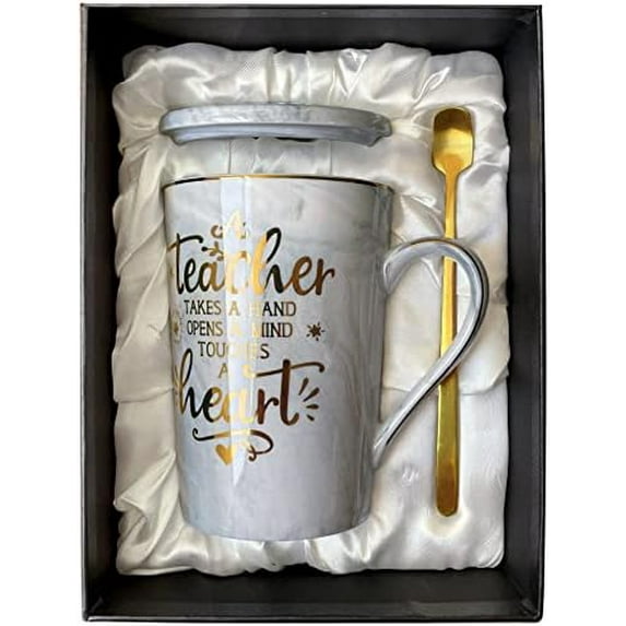 Best Teacher Appreciation Gift for Women Men - A Teacher Takes A Hand Opens A Mind Touches A Heart - Funny Graduation Retirement Christmas Gifts, 14Oz Grey Coffee Mug with Gold Print, Nice Gift Boxed