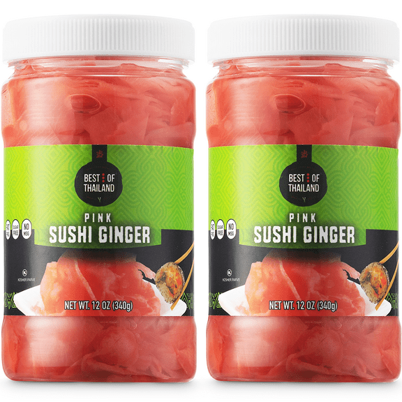 Best of Thailand Japanese Pink Pickled Sushi Ginger | No MSG | 2 Jars of 12oz Fresh Sliced Young Gari Pickled Ginger in Sweet Pickling Brine with Color | Fat-Free, Sugar-Free, Kosher