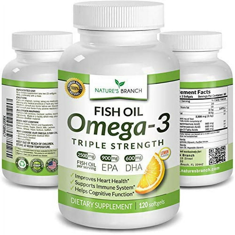 Best Triple Strength Omega 3 Fish Oil Pills 2400mg Burpless High Potency Lemon Flavor - 864mg EPA 576mg DHA Ultra Pure Liquid Softgels 120 Capsules