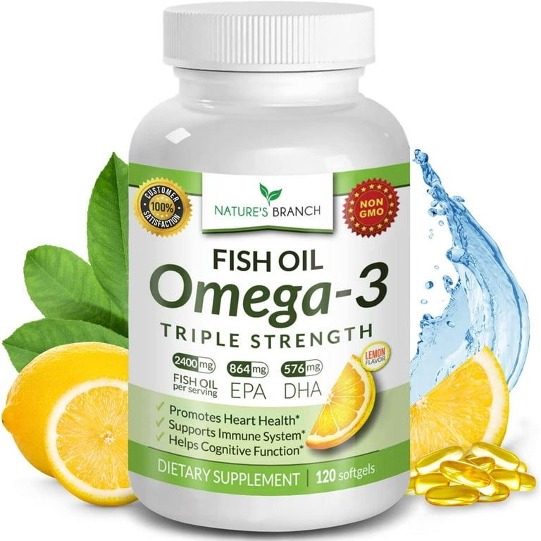 Best Triple Strength Omega 3 Fish Oil Pills 2400mg 120 Capsules Burpless High Potency Lemon Flavor 864mg