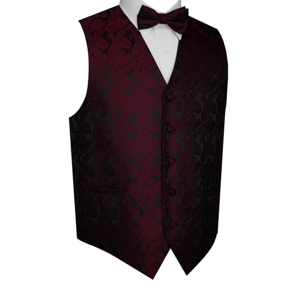 BEST TUXEDO Men's Formal, Prom, Wedding, Homecoming, Tuxedo Vest, Bow-Tie & Pocket Square Set in Berry Paisley - 6XL