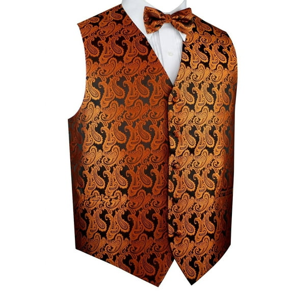 BEST TUXEDO Men's Formal, Prom, Wedding, Homecoming, Tuxedo Vest, Bow-Tie & Pocket Square Set in Burnt Orange Paisley - S