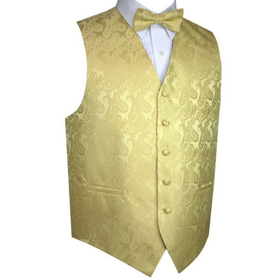 BEST TUXEDO Men's Formal, Prom, Wedding, Homecoming, Tuxedo Vest, Bow-Tie & Pocket Square Set in Gold Paisley - S