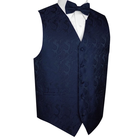 BEST TUXEDO Men's Formal, Prom, Wedding, Homecoming, Tuxedo Vest, Bow-Tie & Pocket Square Set in Navy Blue Paisley - 3XL