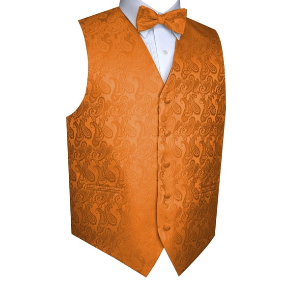 BEST TUXEDO Men's Formal, Prom, Wedding, Homecoming, Tuxedo Vest, Bow-Tie & Pocket Square Set in Orange Paisley - M