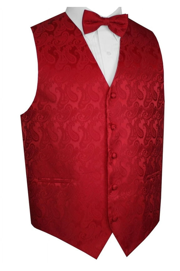 Men's Formal, Prom, Wedding, Homecoming, Tuxedo Vest, Bow-Tie & Pocket Square Set in Red Paisley - L