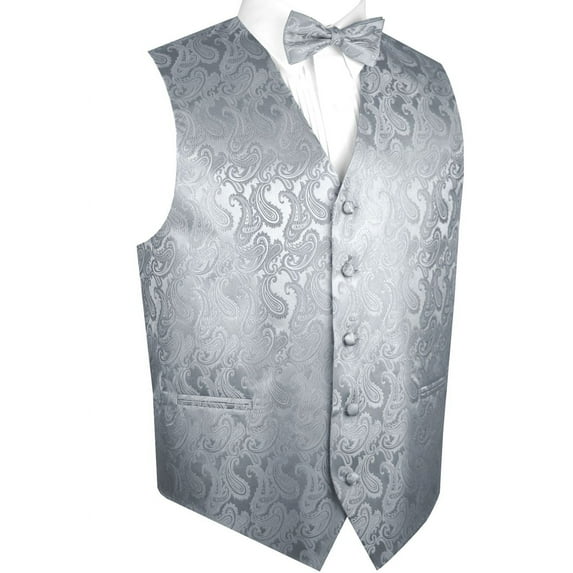 BEST TUXEDO Men's Formal, Prom, Wedding, Homecoming, Tuxedo Vest, Bow-Tie & Pocket Square Set in Silver Paisley - 5XL