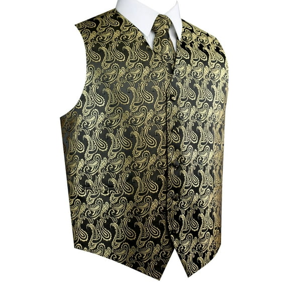 Best Tuxedo Men's Formal, Prom, Wedding, Homecoming, Tuxedo Vest, Tie & Hankie Set in Black/Gold Paisley - 6XL